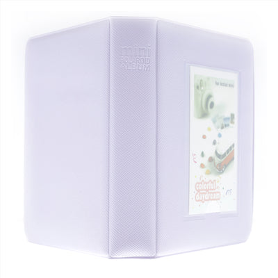 White photo album with a window on the cover displaying a camera image.