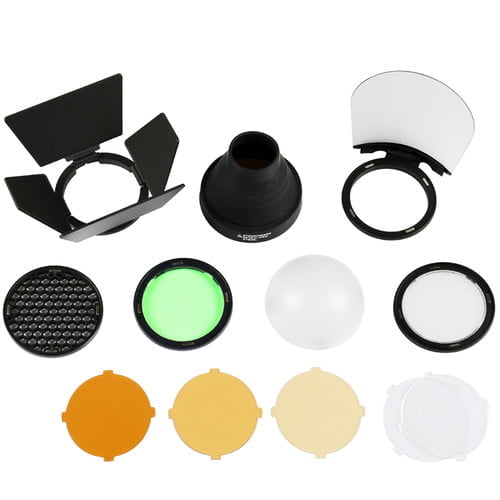 Godox AK-R1 accessory kit for H200R round flash head — black mounting ring, diffusion domes, and gel holde