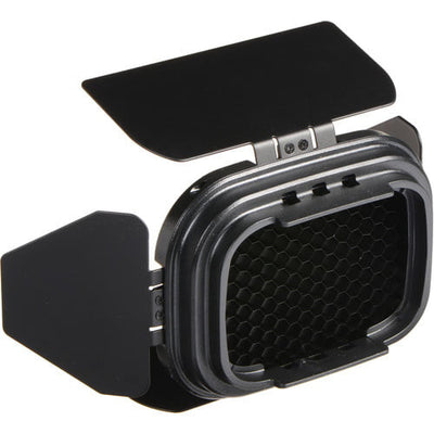 Godox barn door kit with four colour gels for AD200/AD200 Pro flash head — black hinged flaps + red, blue, green, yellow filters