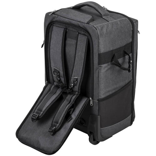 Godox CB-17 carrying bag for AD1200 Pro flash system, black, holds one flash head, battery base, and accessories, with telescoping handle, casters, zippered pockets, and straps for tripod or light stand