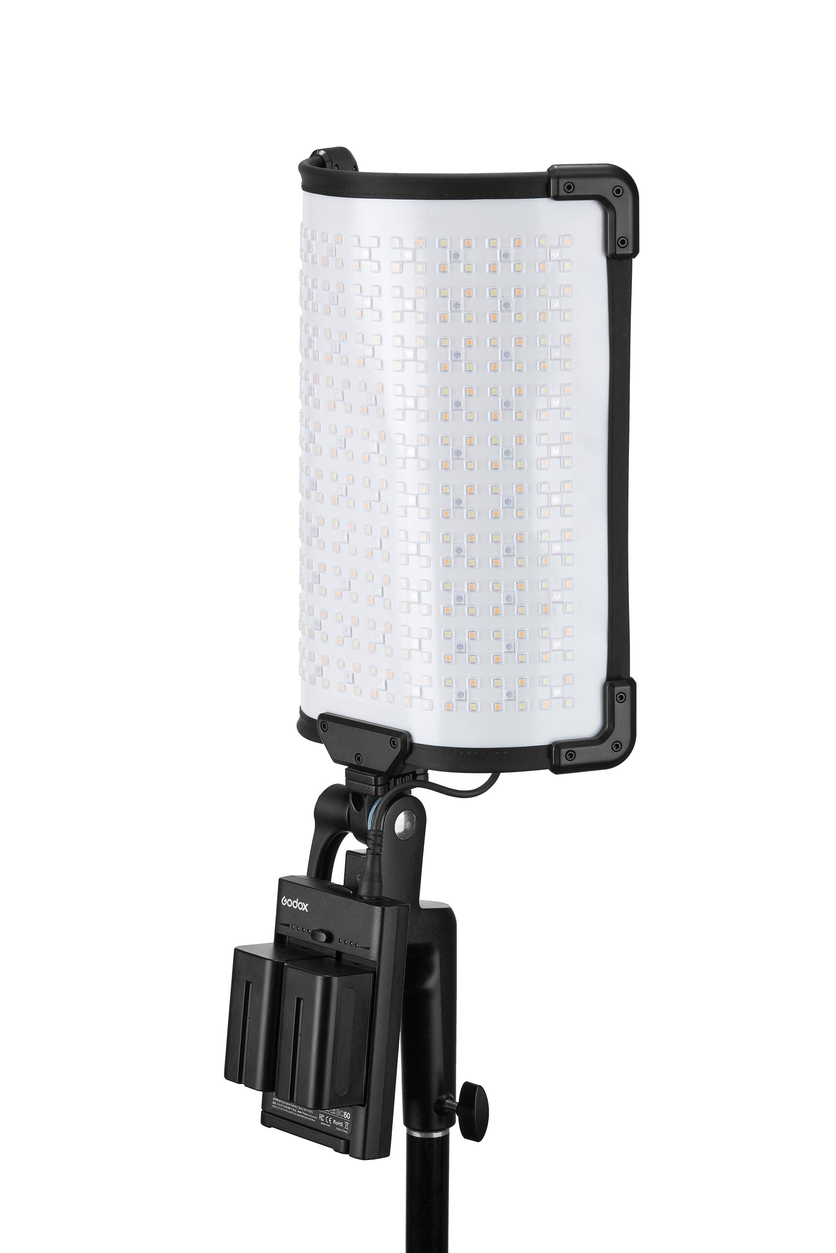 Godox FH50R RGB LED flexible light panel, 31.7x31.1x3.4 cm, color temp 2500-10000K with full RGB control, CRI/TLCI 96, 14 built-in light effects, wireless Bluetooth and 2.4G control, lightweight and bendable, includes adapter holder and carry bag