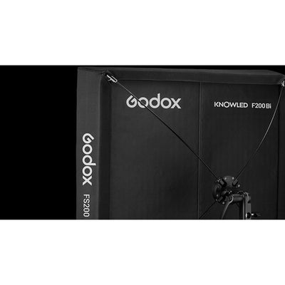 Godox KNOWLED F200Bi 200W bi-color foldable LED light panel, 65x63cm, adjustable 2700-8500K color temperature, CRI and TLCI 96, Bluetooth and DMX control, IP65 dust and water resistant, includes softbox and carry bags