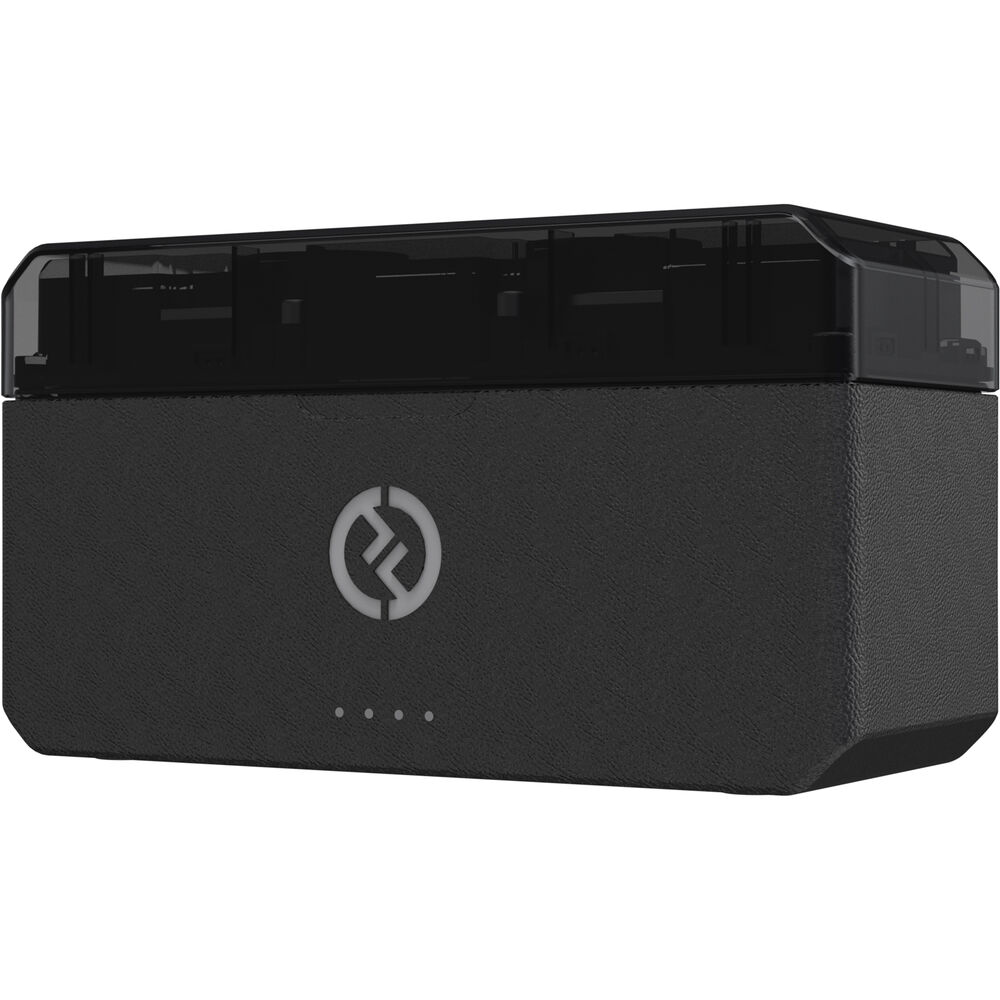 Black electronic device with a logo on a white background