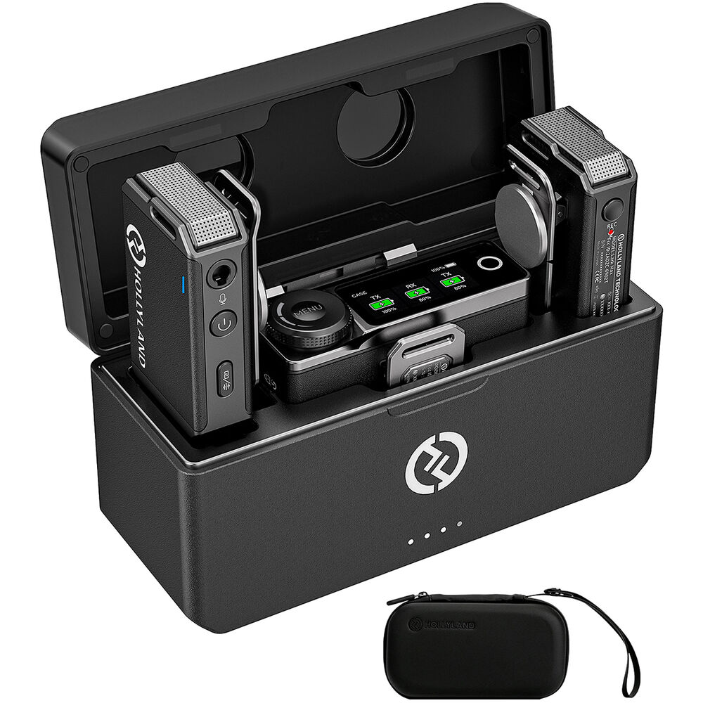 Black electronic device with components and a carrying case on a white background