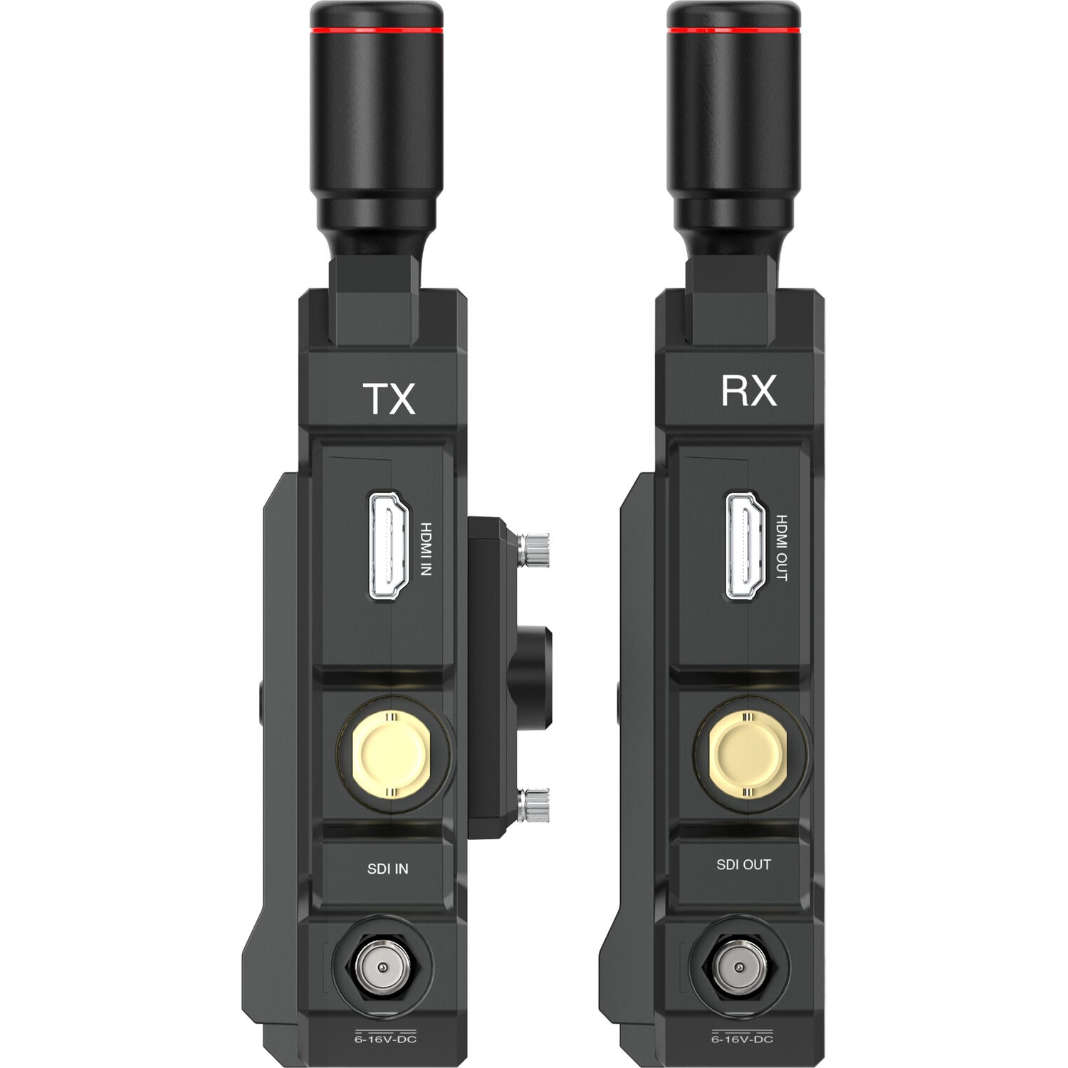 TX and RX connectors for HDMI and SDI on a white background