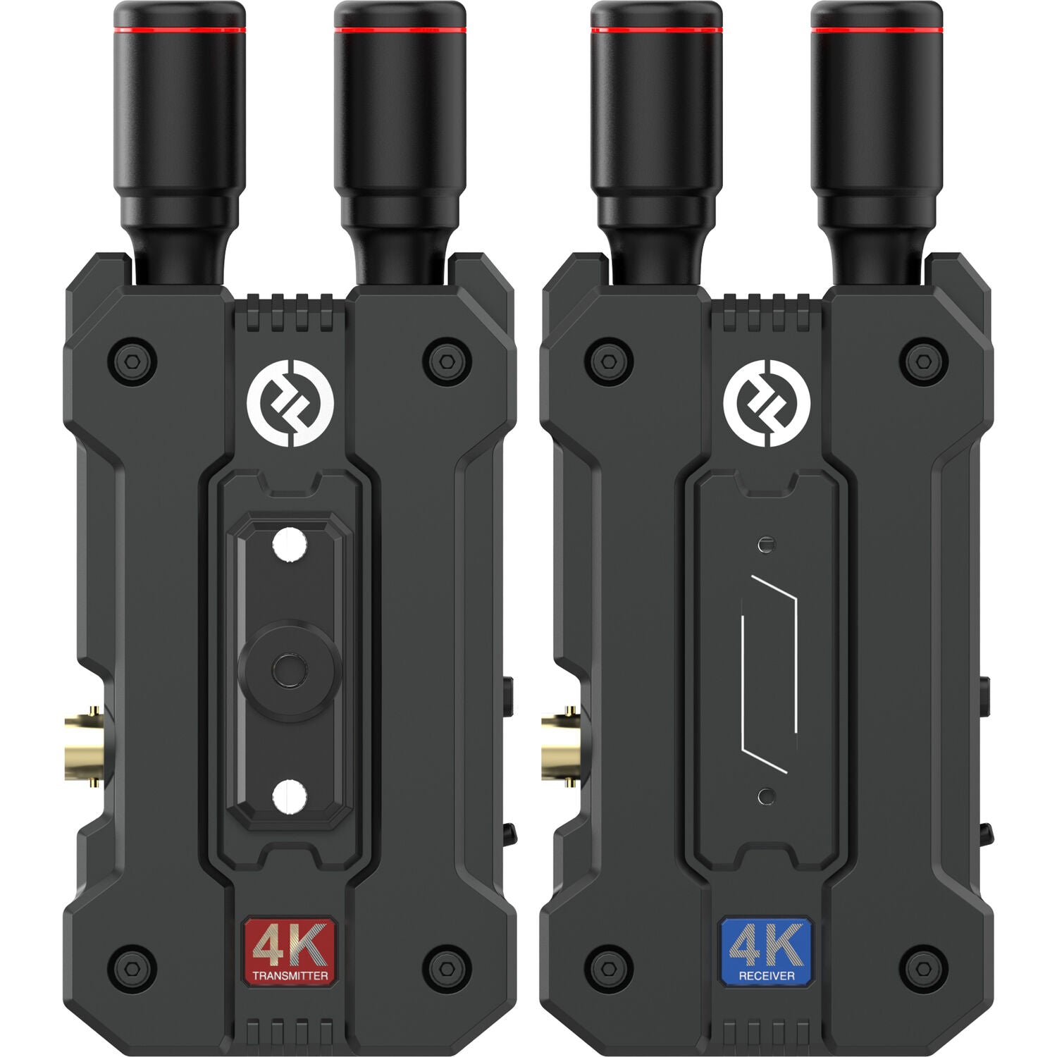 Two black wireless transmitter and receiver sets with visible branding on a white background