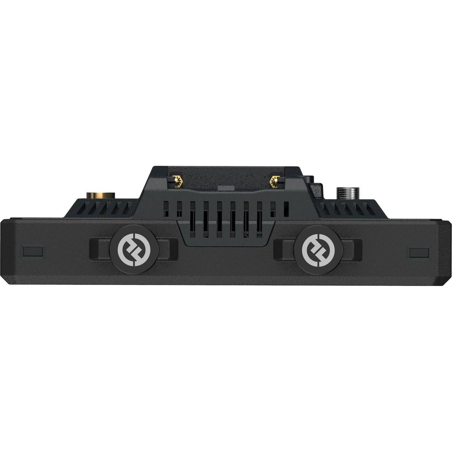 Black electronic device with brand logo on a white background