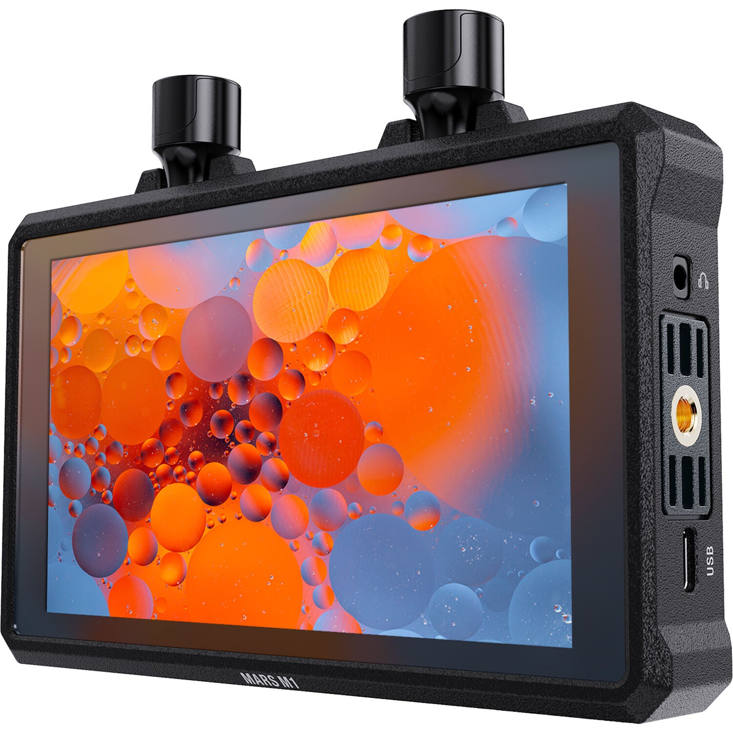 Portable monitor with a colorful display of bubbles on a white background