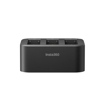 Black multi-bay battery charger with 'insta360' branding on a white background