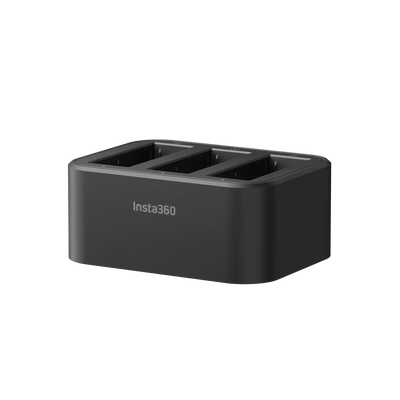 Black charging dock with 'Insta360' branding on a white background