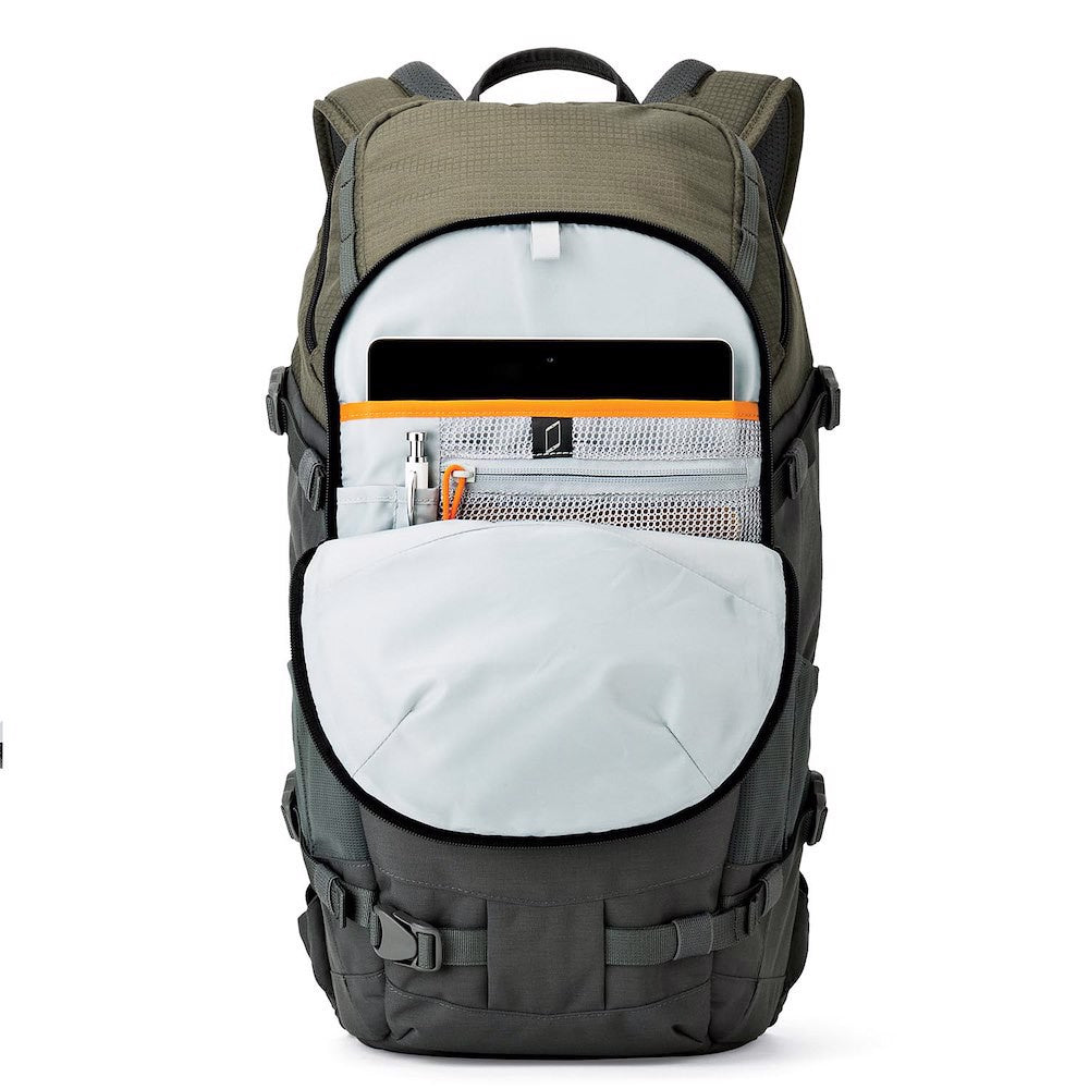 Lowepro Flipside Trek BP 350 AW green camera backpack with body-side access