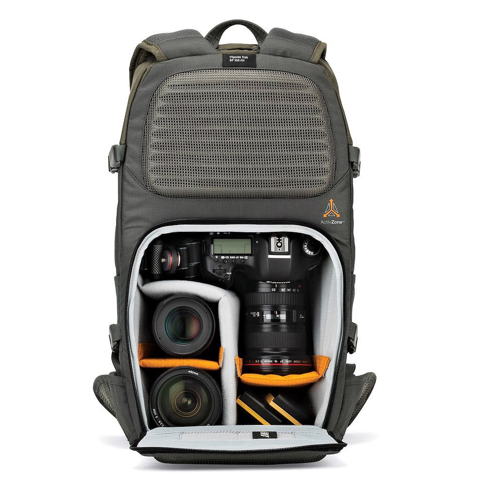Lowepro Flipside Trek BP 350 AW green camera backpack with body-side access