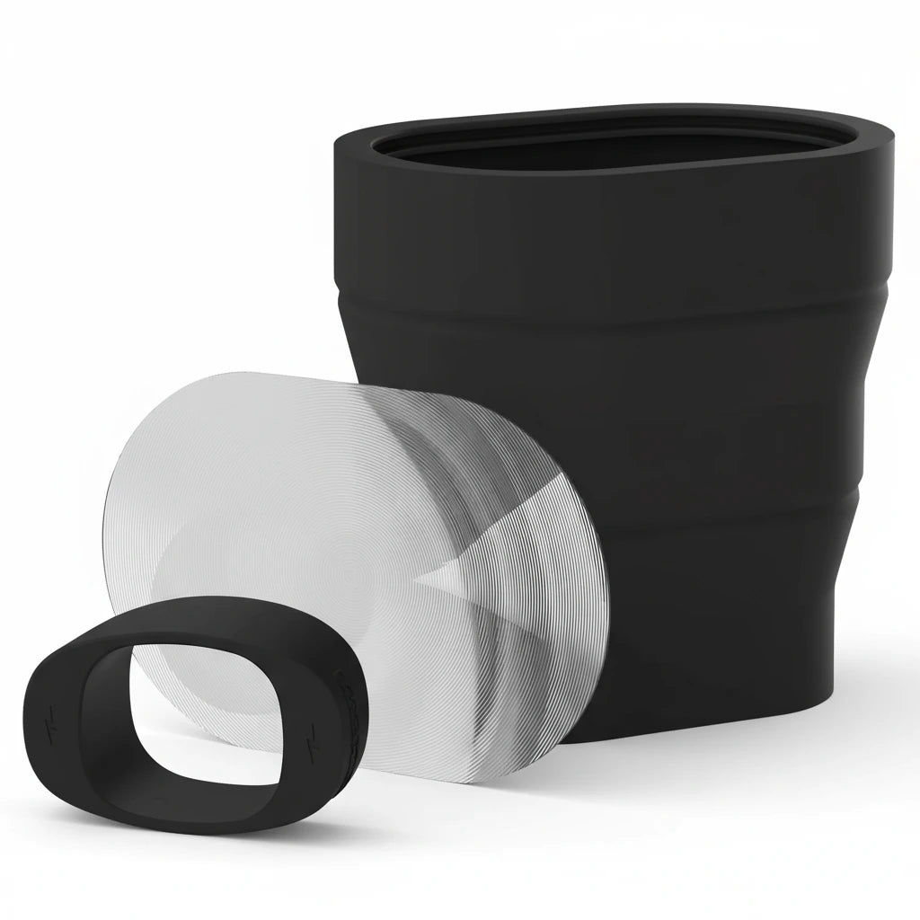 Black collapsible cup with a clear lid on a white background
