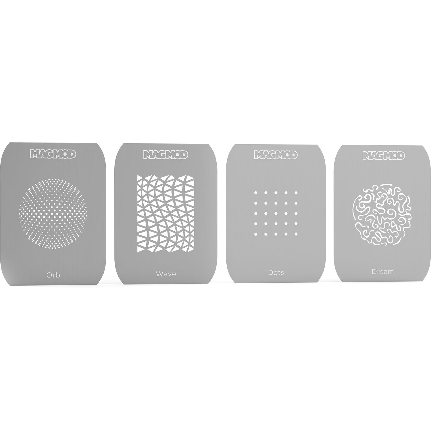 Four gray stencils with different patterns on a white background