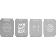 Four gray stencils with different patterns on a white background