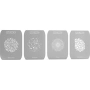 Four gray stencils with different patterns on a white background