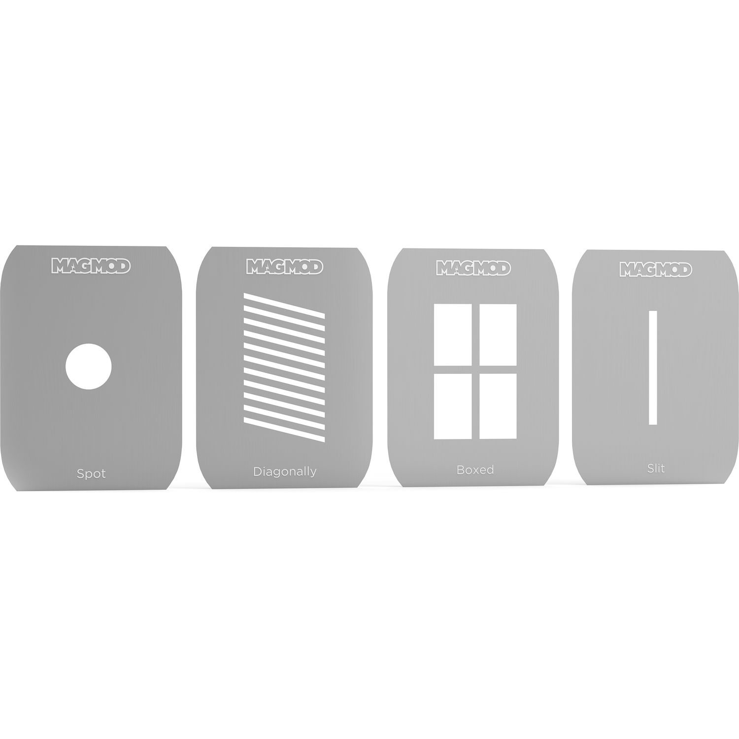 Set of four gray stencils with different patterns on a white background