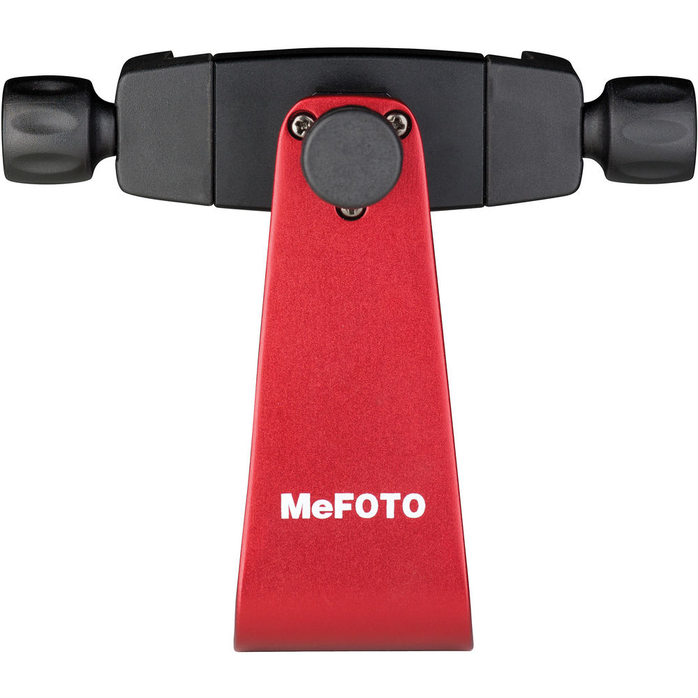 Red and black camera bracket with 'MeFOTO' branding on a white background