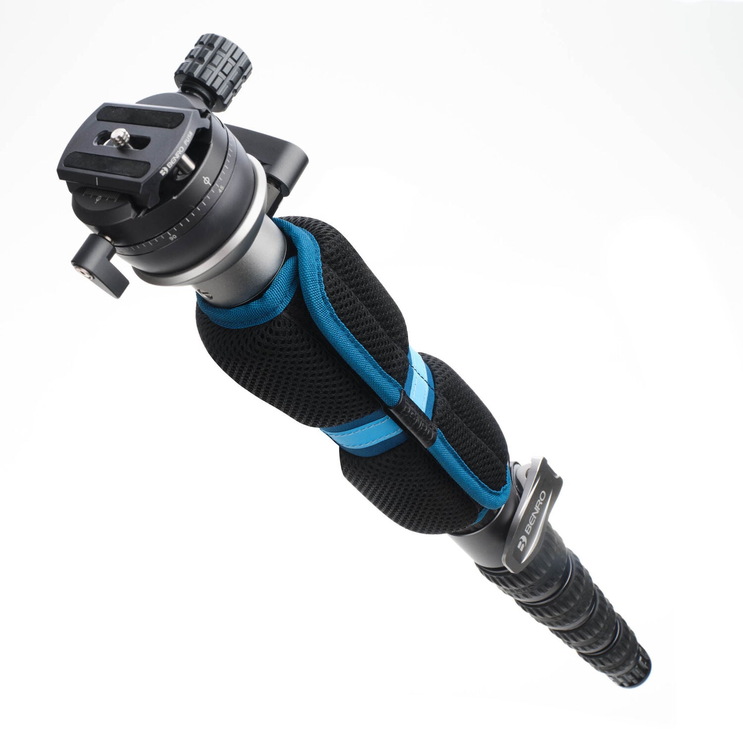 Camera tripod head with black and blue design on a white background