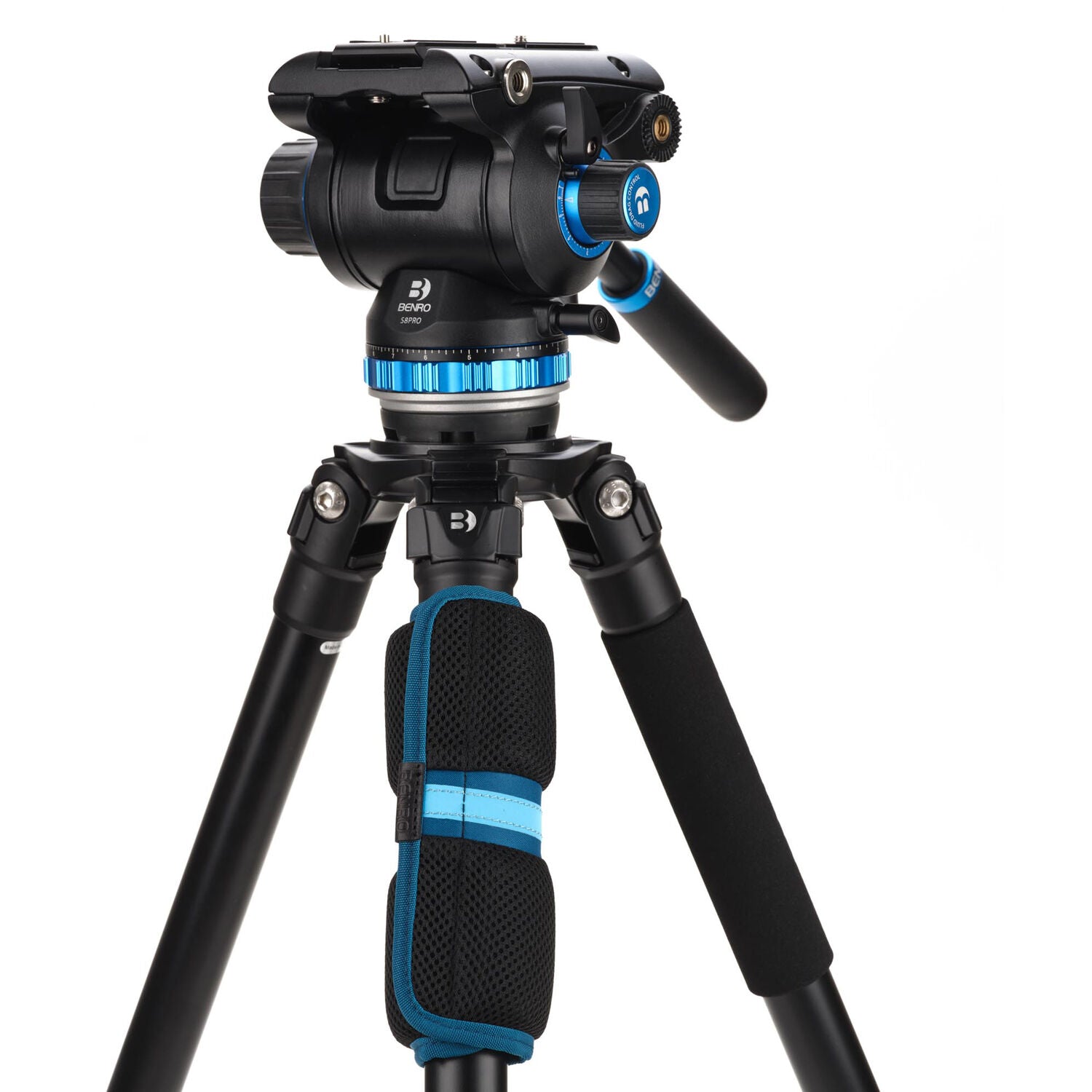 Camera tripod with head on a white background