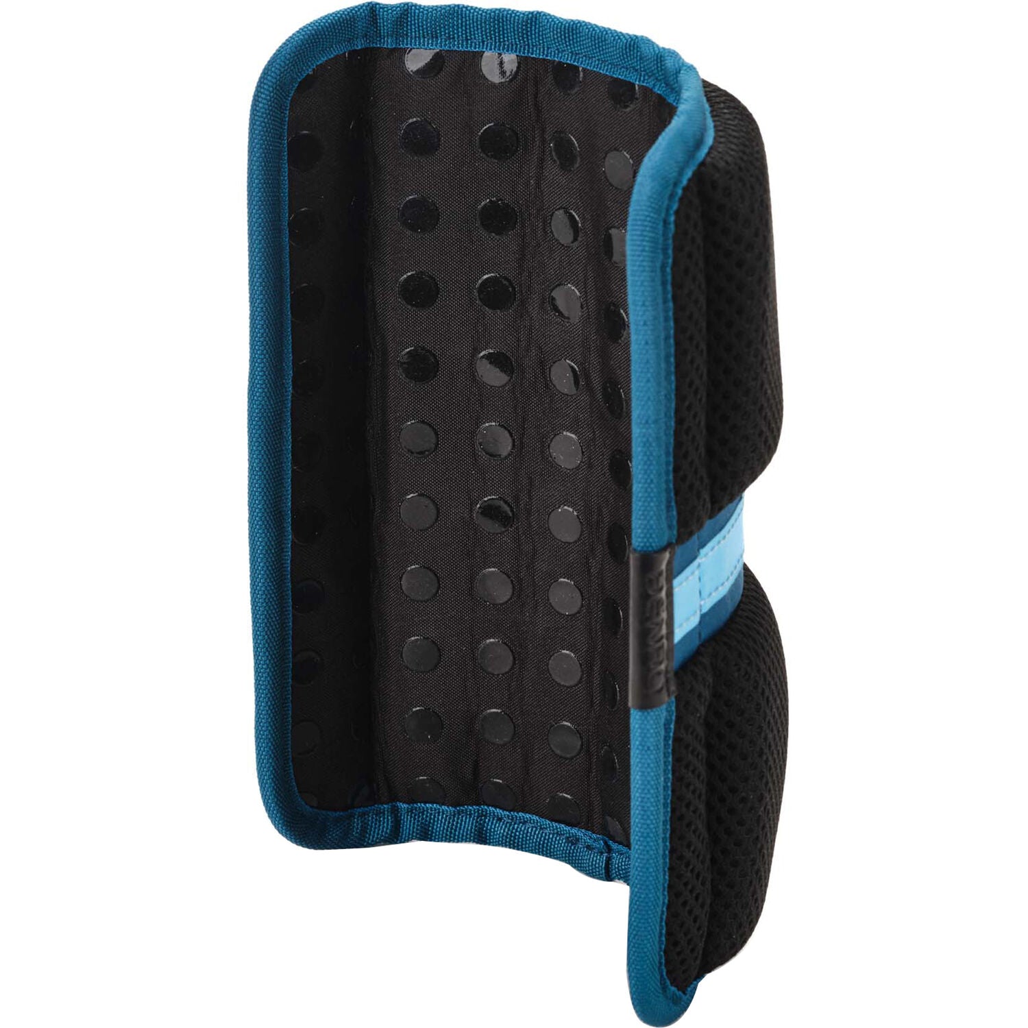 Black protective gear with blue border on a white background