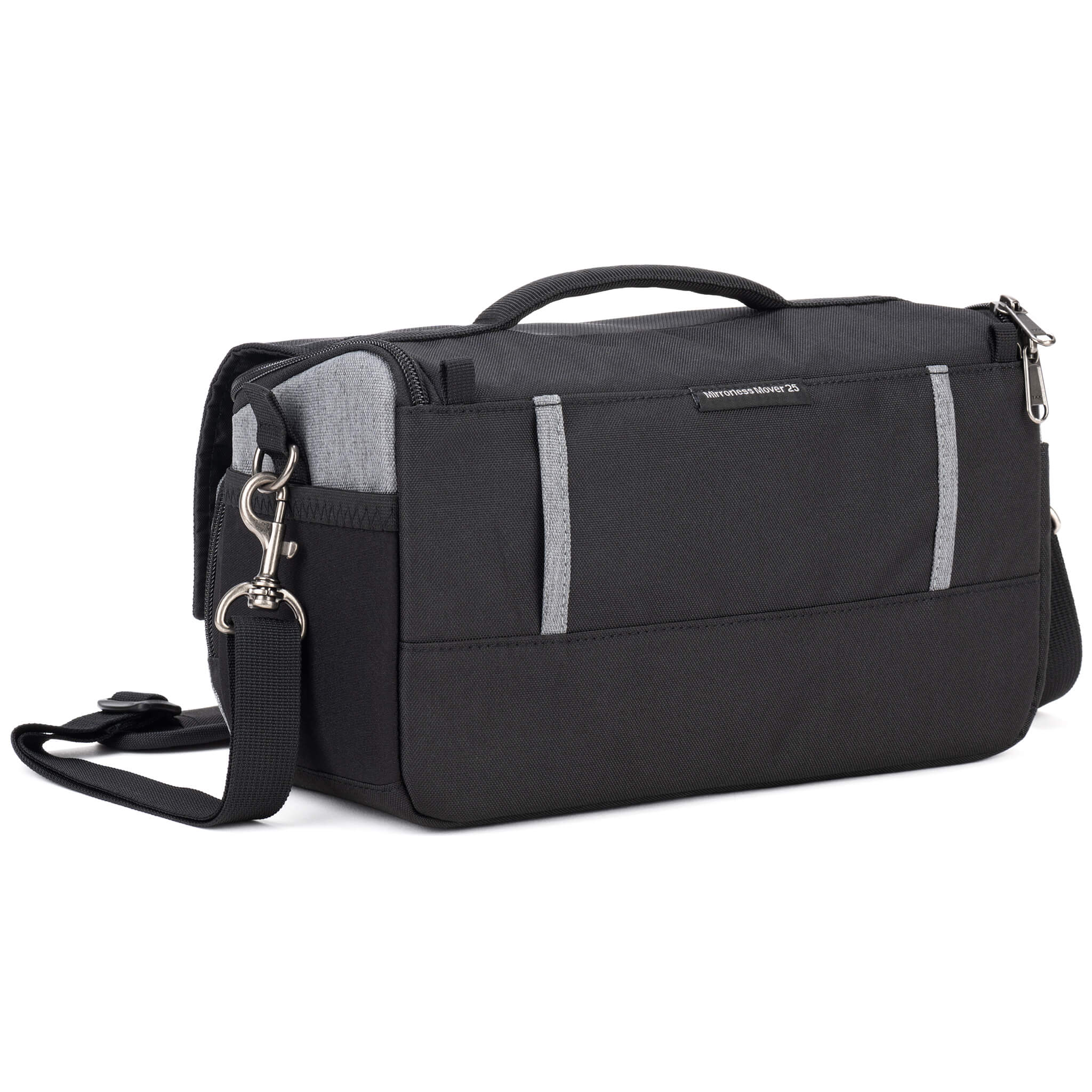 Think Tank Photo Mirrorless Mover 25 camera shoulder bag, black, compact with flip-top lid, multiple pockets, padded interior for mirrorless camera and lenses, rain cover included