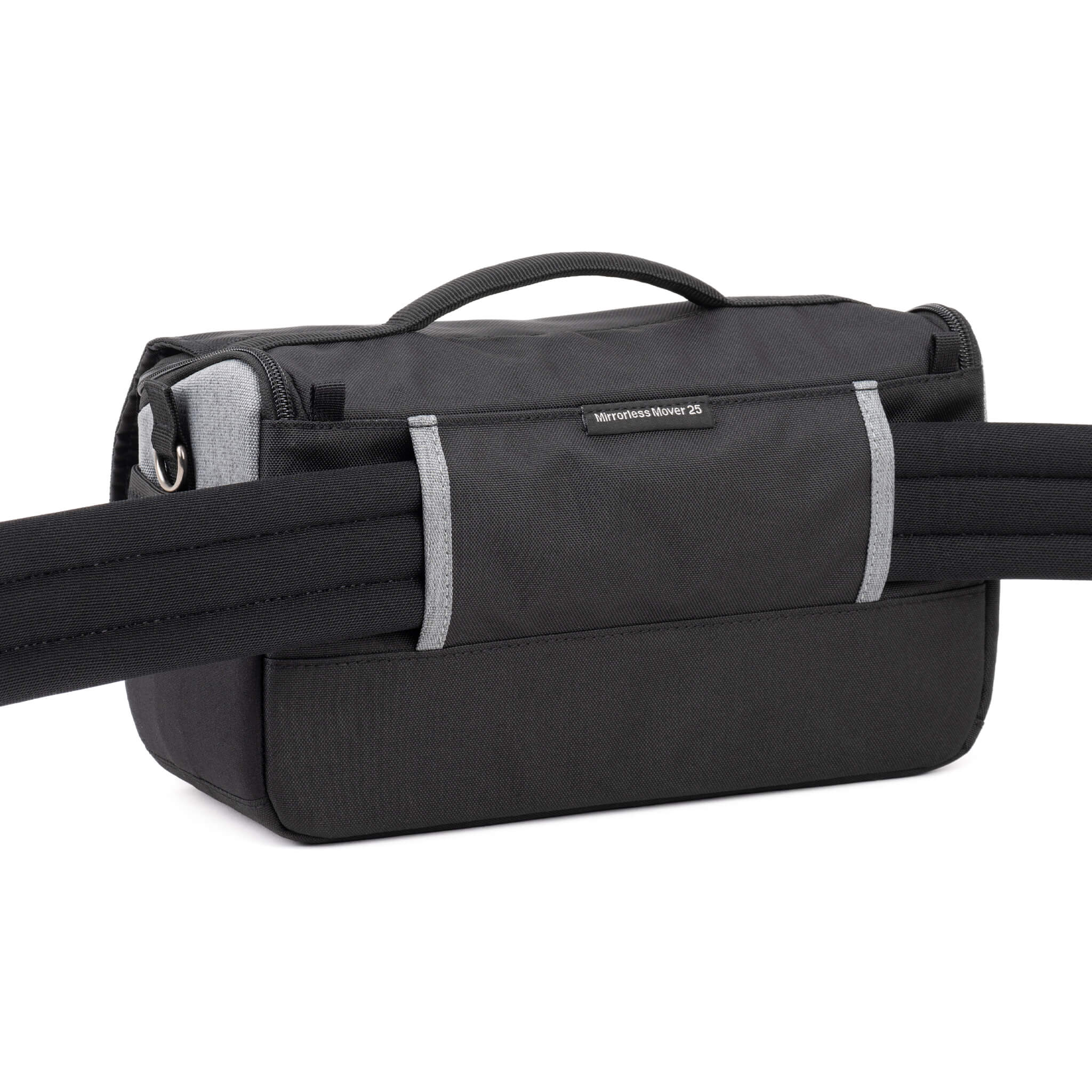Think Tank Photo Mirrorless Mover 25 camera shoulder bag, black, compact with flip-top lid, multiple pockets, padded interior for mirrorless camera and lenses, rain cover included