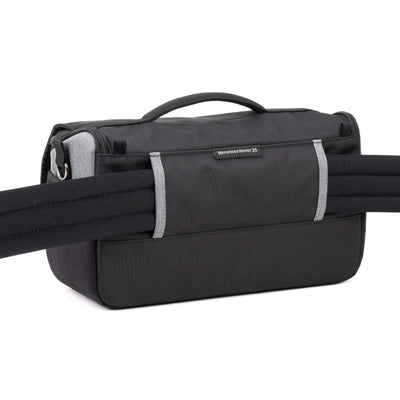 Think Tank Photo Mirrorless Mover 25 camera shoulder bag, black, compact with flip-top lid, multiple pockets, padded interior for mirrorless camera and lenses, rain cover included
