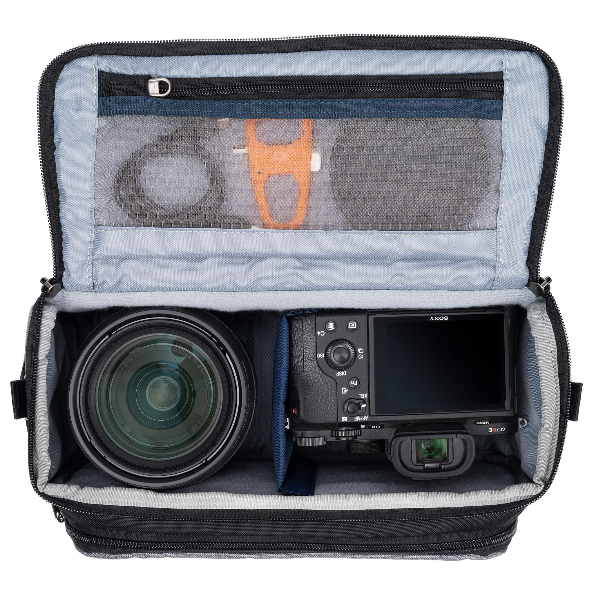 Think Tank Photo Mirrorless Mover 25 camera shoulder bag, black, compact with flip-top lid, multiple pockets, padded interior for mirrorless camera and lenses, rain cover included