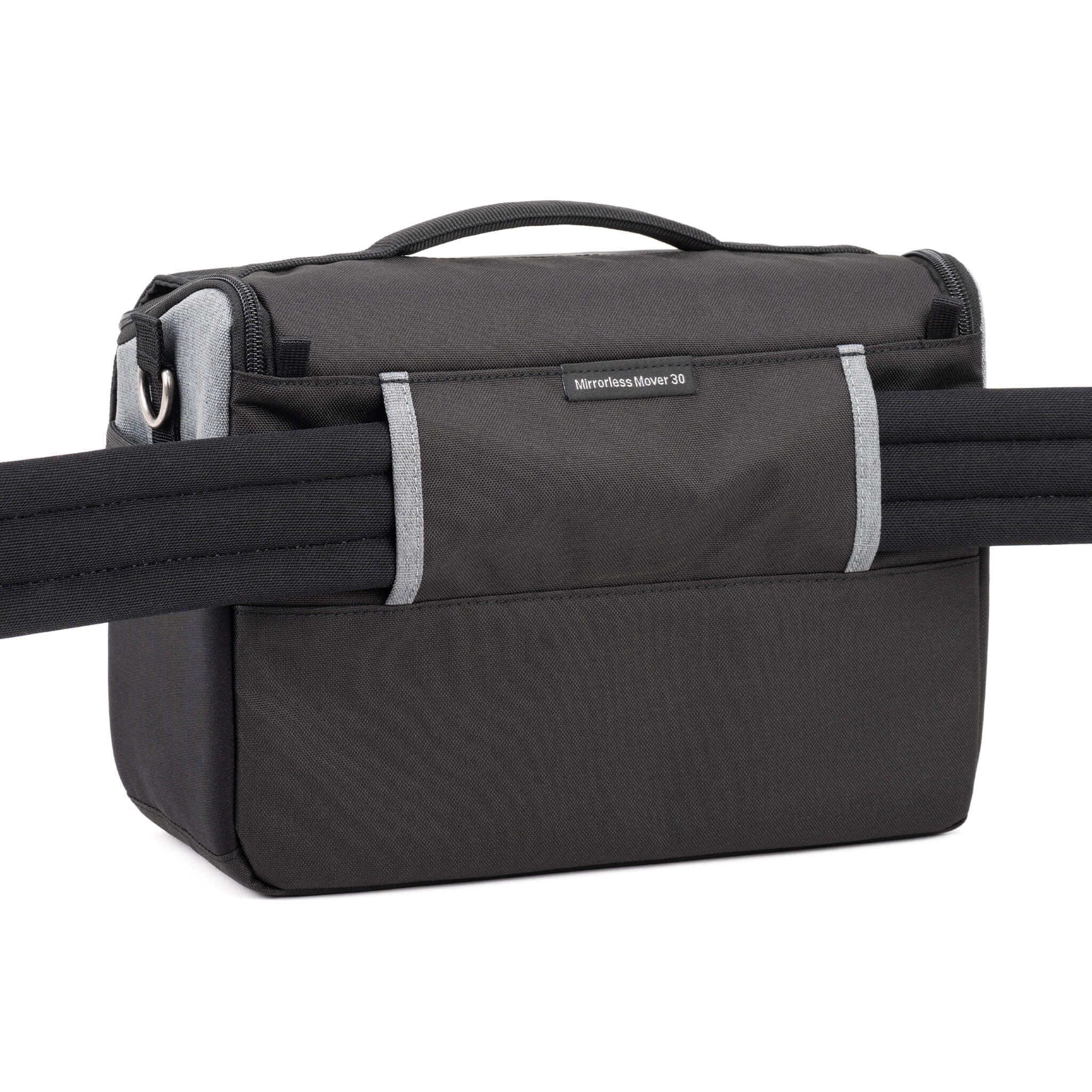 Think Tank Photo Mirrorless Mover 30 camera shoulder bag, flip-top lid with magnetic closure, multiple pockets, padded interior with adjustable dividers for mirrorless camera and lenses, rain cover included