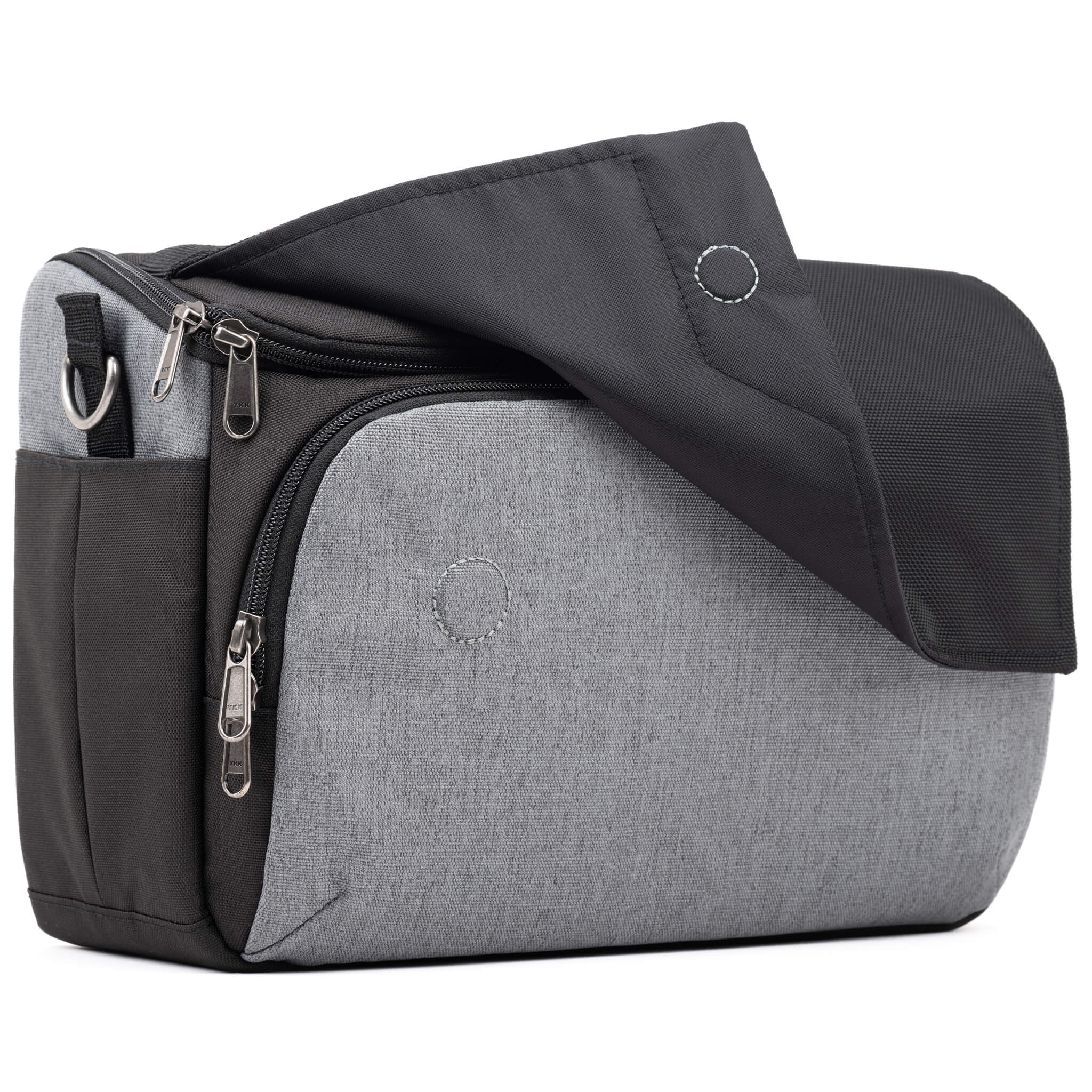 Think Tank Photo Mirrorless Mover 30 camera shoulder bag, flip-top lid with magnetic closure, multiple pockets, padded interior with adjustable dividers for mirrorless camera and lenses, rain cover included