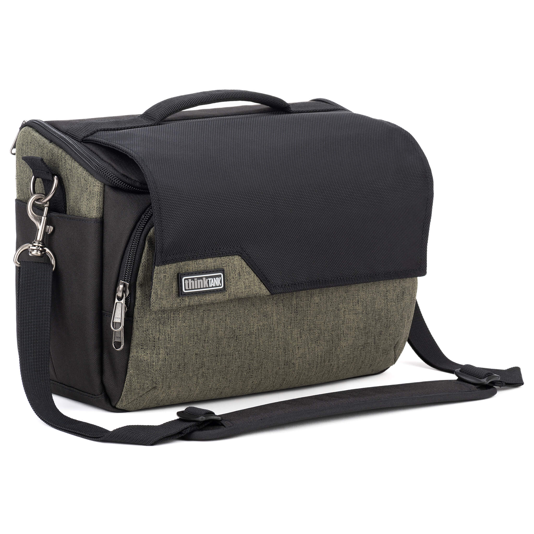 Think Tank Photo Mirrorless Mover 30 camera shoulder bag, flip-top lid with magnetic closure, multiple pockets, padded interior with adjustable dividers for mirrorless camera and lenses, rain cover included