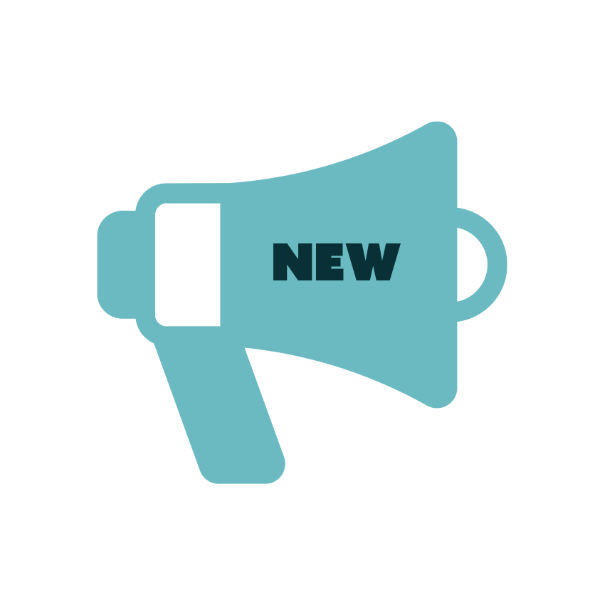 Blue megaphone icon with 'NEW' text on a white background