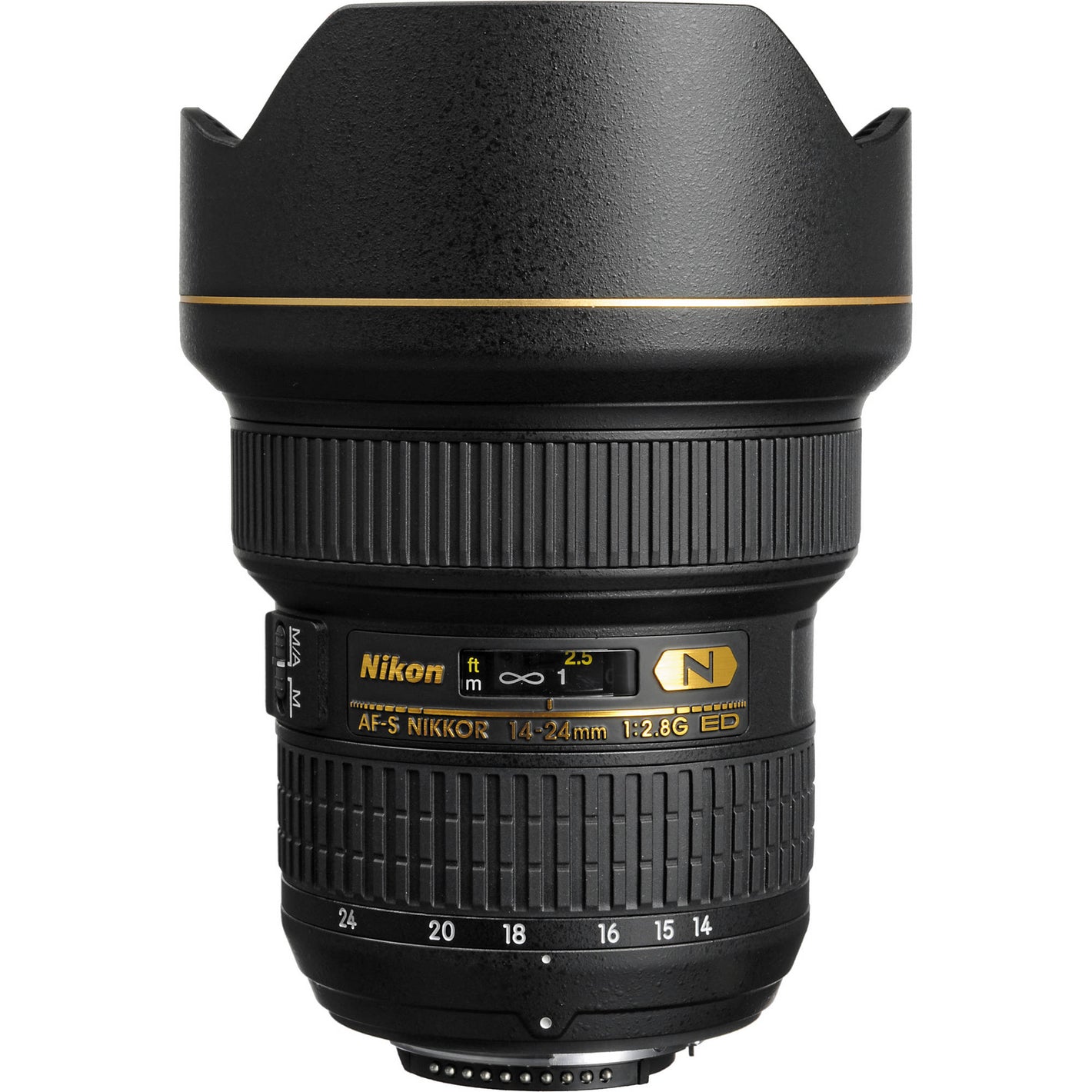 Nikon camera lens with focus ring and brand logo on a white background