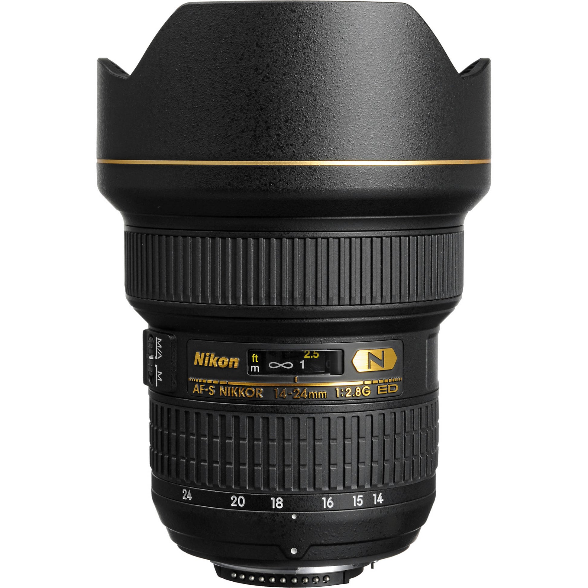 Nikon camera lens with focus ring and brand logo on a white background