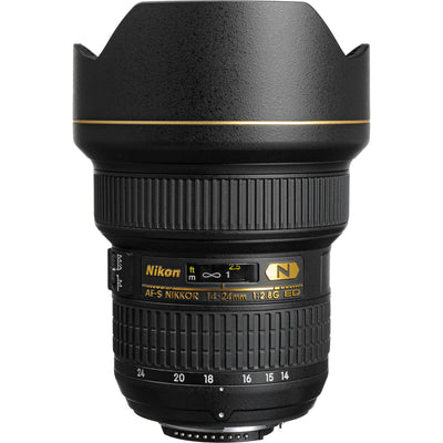 Nikon camera lens with focus ring and brand logo on a white background