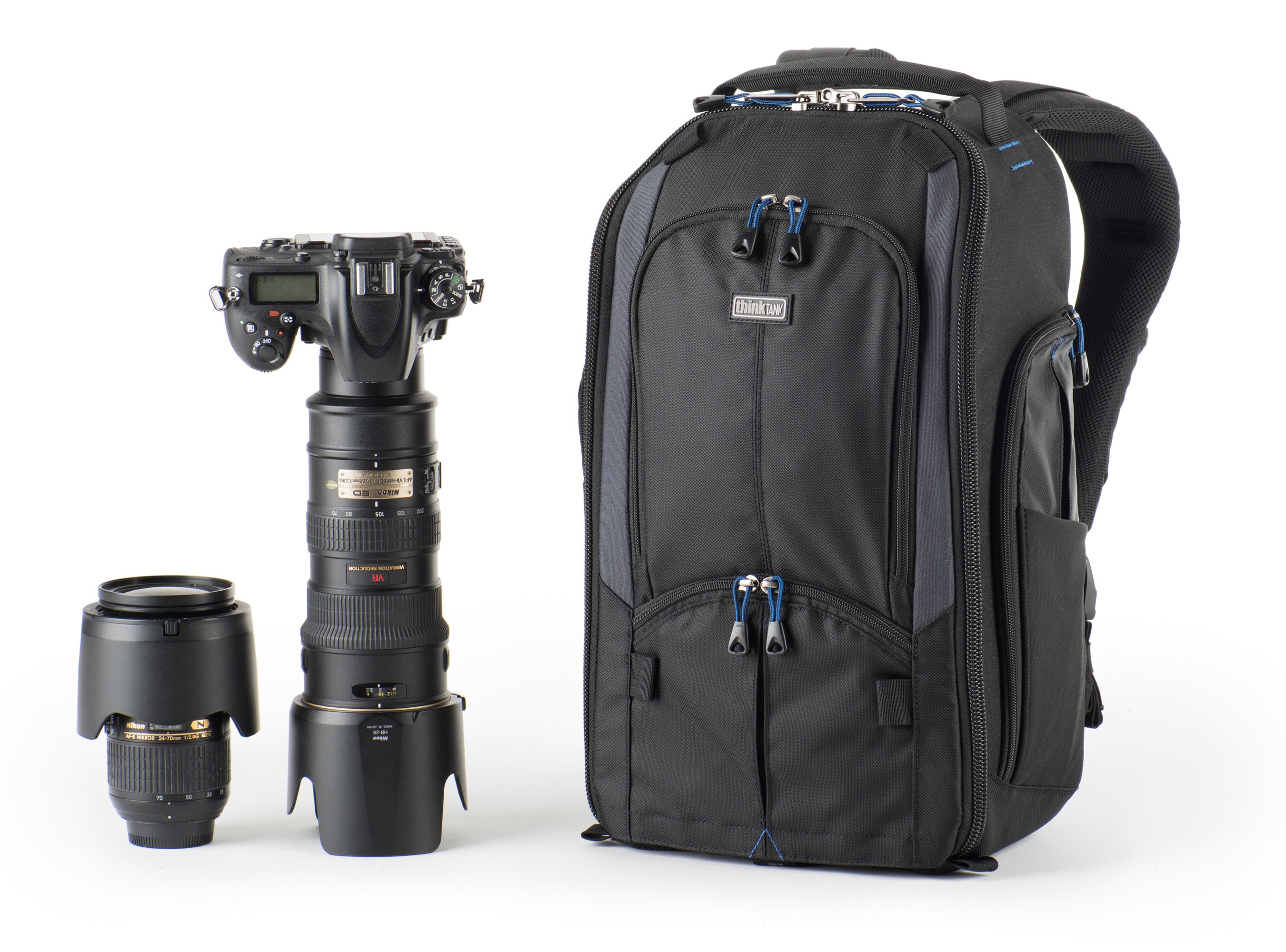 Think Tank StreetWalker Pro V2.0: Rugged charcoal-grey camera backpack with contoured shoulder straps and customizable interior dividers.