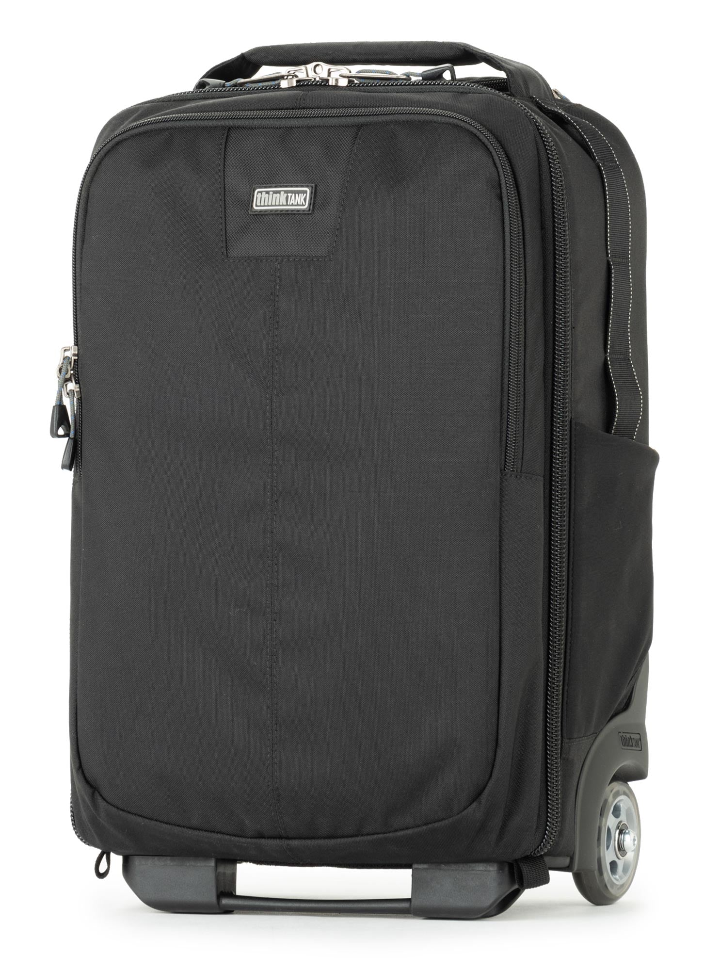 Think Tank Essentials Convertible Rolling Backpack — black, compact carry‑on camera bag with retractable handle, stowable backpack straps, and tripod mounting system