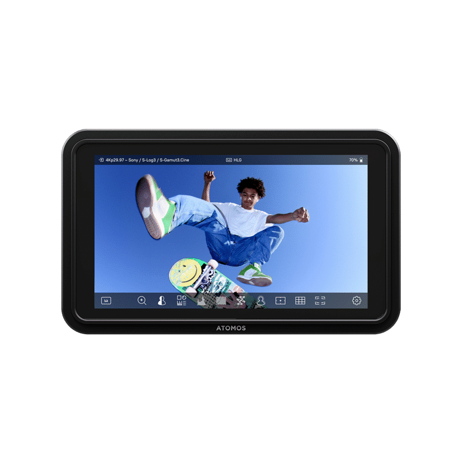 Display device showing a person skateboarding with Atomos branding