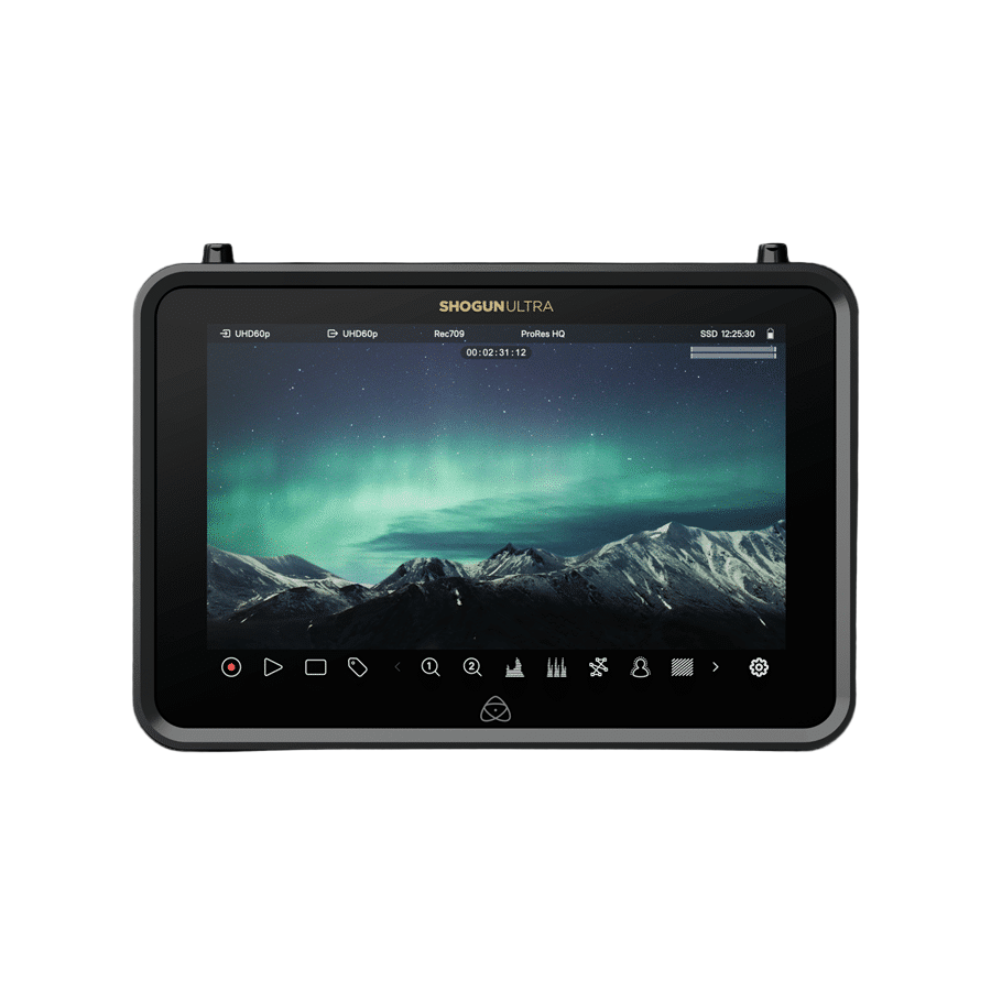 Shogun Ultra monitor displaying a mountainous landscape with the Northern Lights on a black background