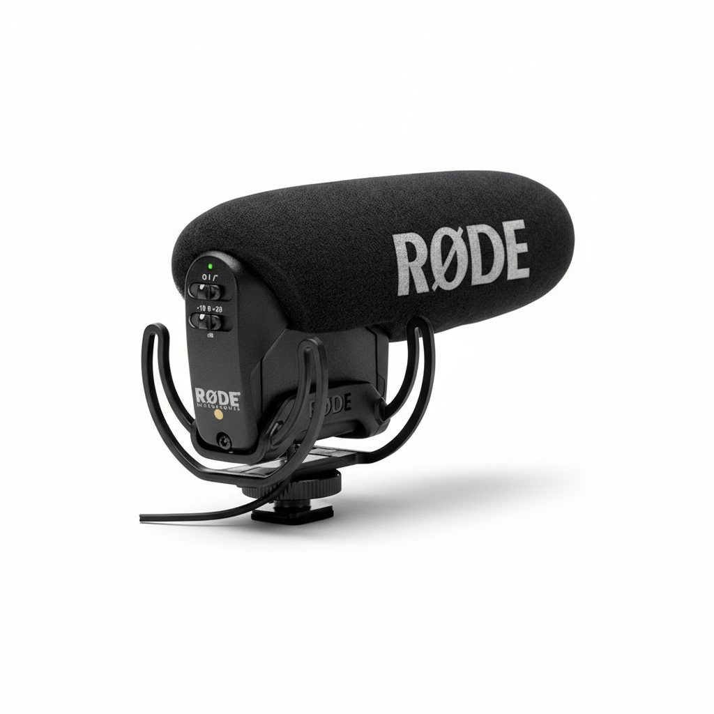 RODE VideoMic Pro shotgun microphone with Rycote Lyre suspension for DSLR and camcorder audio recording.