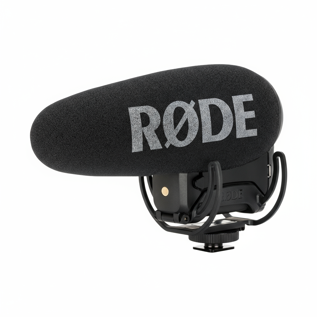RODE VideoMic Pro+ shotgun microphone with Rycote Lyre suspension, ideal for DSLR and mirrorless cameras.