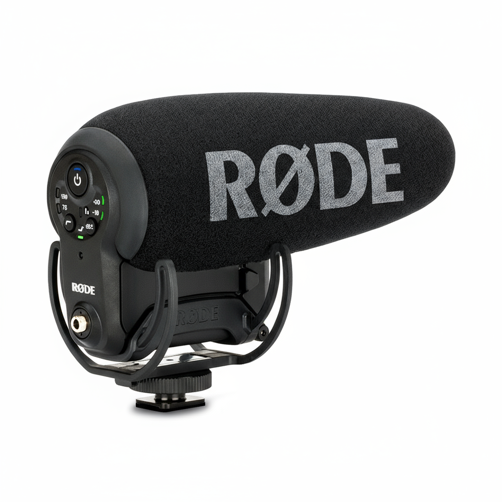 RODE VideoMic Pro+ shotgun microphone with Rycote Lyre suspension, ideal for DSLR and mirrorless cameras.