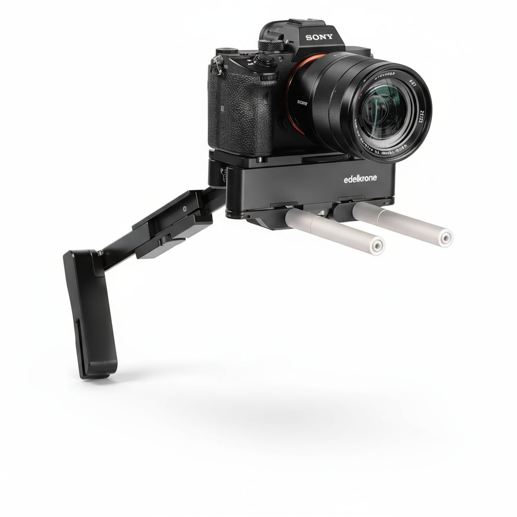 Edelkrone PocketRIG v2 compact foldable camera rig with adjustable shoulder support arm.