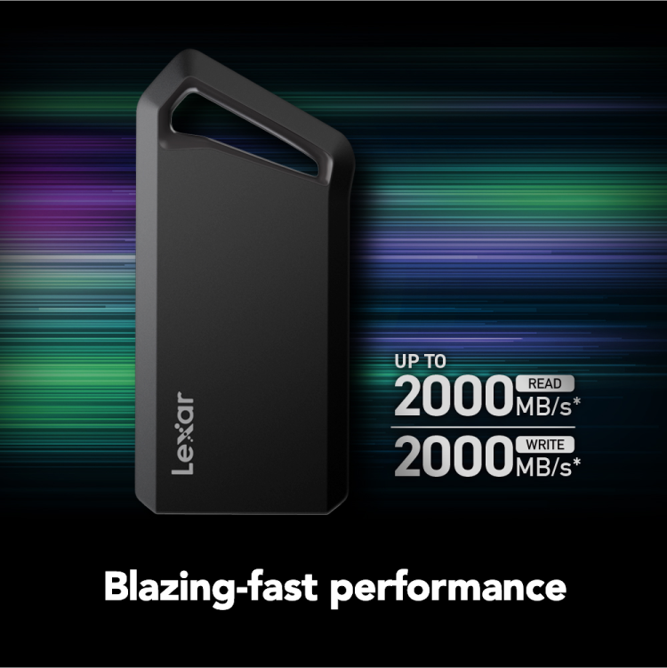 Lexar SL600 2TB Portable SSD in aluminum housing for high-speed storage.