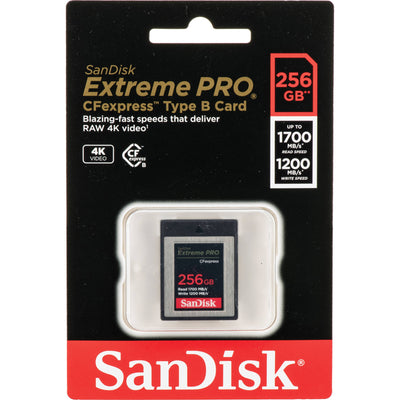 The SanDisk 256GB Extreme PRO CFexpress Memory Card Type B boasts high-speed, consistent recording at read speeds of up to 1700MBs and 1200MBs write speeds.
