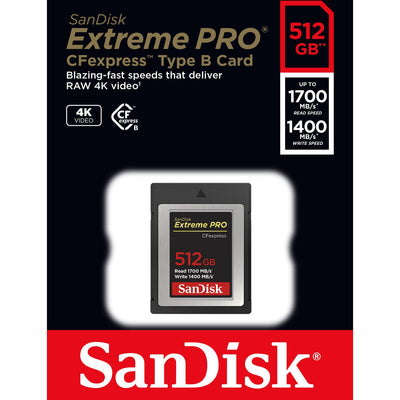 Shoot high-quality videos and images with the SanDisk Extreme Pro 512GB CFexpress Memory Card. Offers read speeds up to 1700MBs and write speeds up to 1400MBs