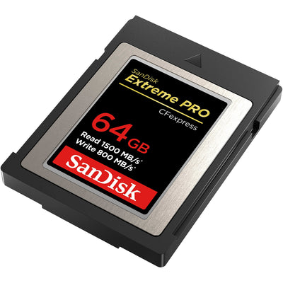 The 64GB Extreme PRO CFexpress Memory Card Type B boasts high-speed, consistent recording at read speeds of up to 1500MBs and 800MBs write speeds.