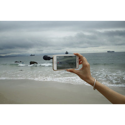 Saramonic SmartMic ultra-compact electret condenser microphone with 3.5mm TRRS connector, cardioid polar pattern, 35 Hz to 18 kHz frequency response, built-in shockmount to reduce handling noise, lightweight 21g, plug-and-play with no battery required for iOS, Mac, and Android devices.
