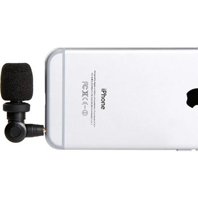Saramonic SmartMic ultra-compact electret condenser microphone with 3.5mm TRRS connector, cardioid polar pattern, 35 Hz to 18 kHz frequency response, built-in shockmount to reduce handling noise, lightweight 21g, plug-and-play with no battery required for iOS, Mac, and Android devices.